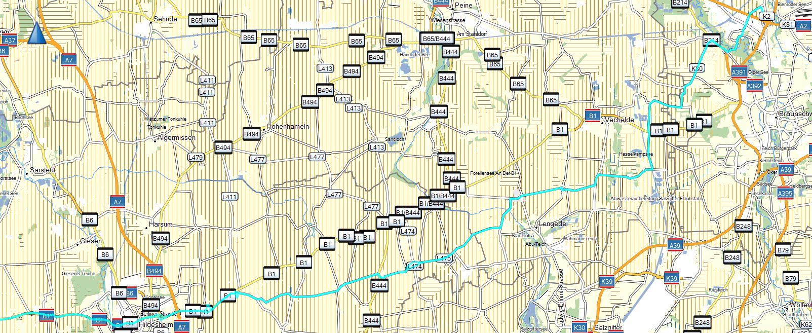 Die Karte Braunschweig bis hinter Hildesheim.